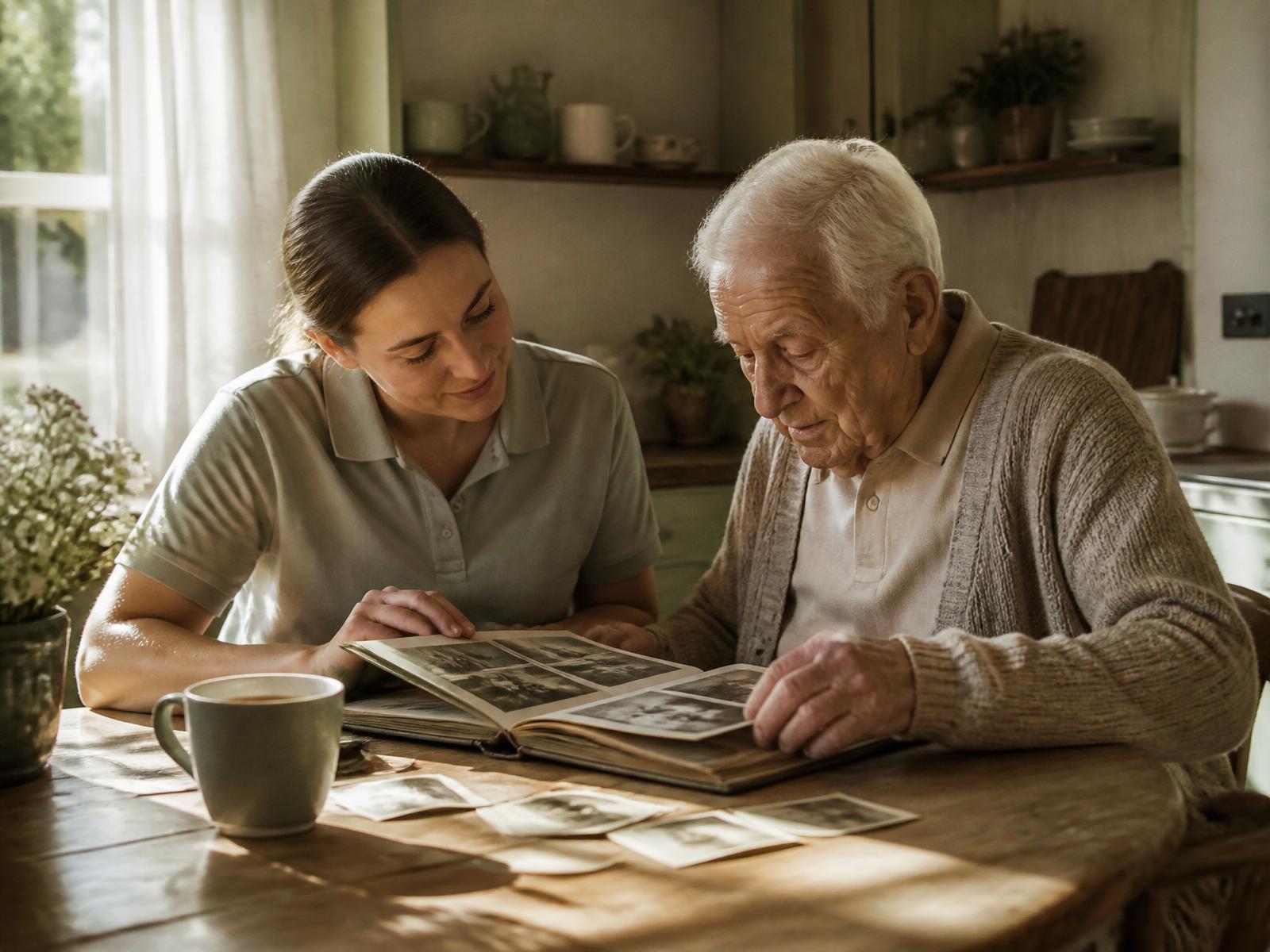 Caregiver and elderly man looking through an old photo album together at a sunlit kitchen table