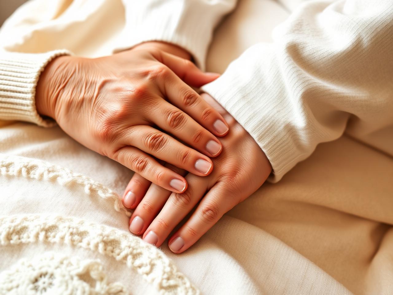 Two hands gently held together on a soft blanket