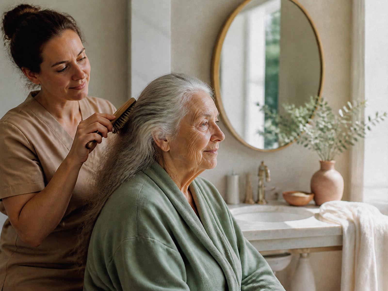 Caregiver gently brushing an elderly woman's hair in a sunlit bathroom