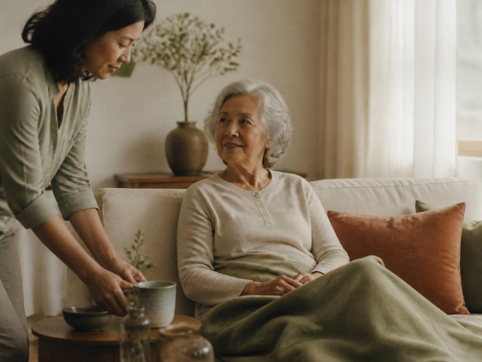 Senior woman recovering at home on a soft couch while a caregiver brings tea