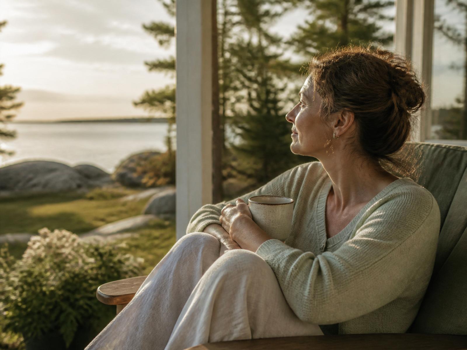 Family caregiver resting peacefully on a porch overlooking Georgian Bay at golden hour