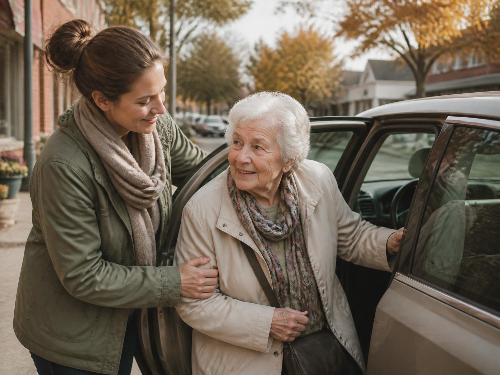 Caregiver helping a senior woman step into a car on a small-town street in autumn