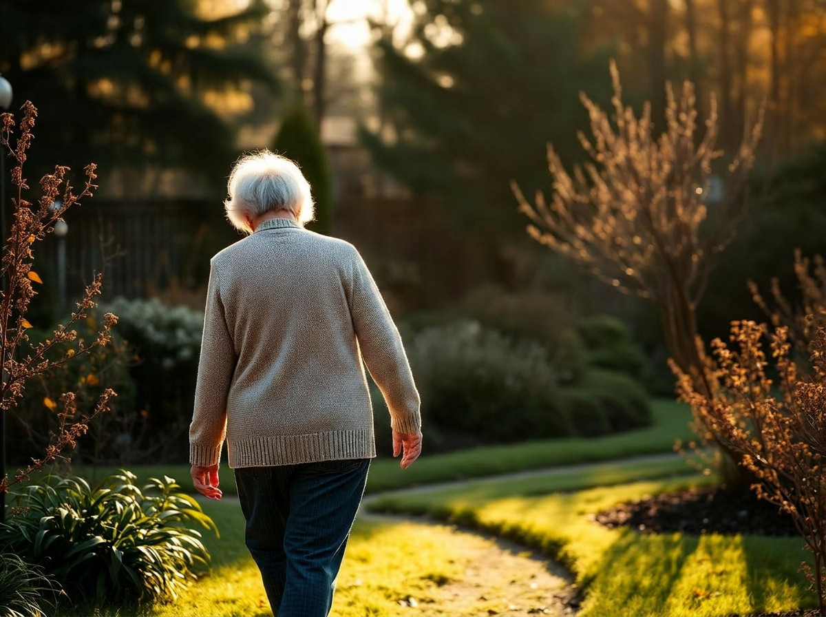 Caregiver and senior walking together in a garden